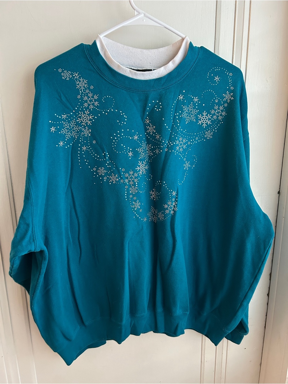 Women's Teal Crewneck Sweater with Silver Snowflake Accents
